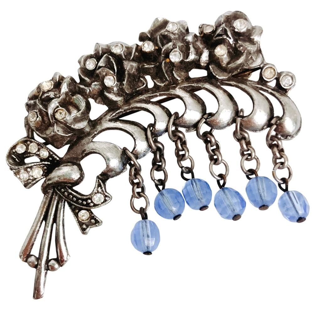 Vintage Rhinestone Floral Spray Brooch Blue Dangle Beads Pot Metal 1940s Pin